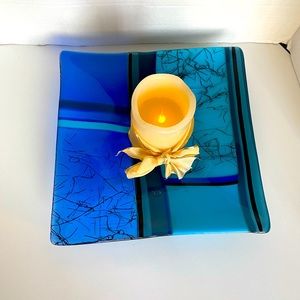 Fused Glass Colorful Square Tray Art Glass Decorative Centerpiece Fruit Tray